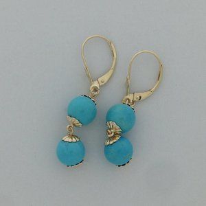 Turquoise Dangle Earrings Solid 14kt Yellow Gold